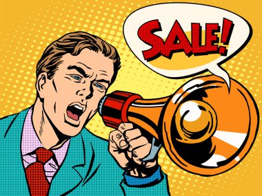 Agitator with megaphone announces sale clipart