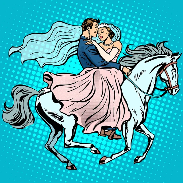 Mariée et marié cheval blanc amour mariage romance — Image vectorielle