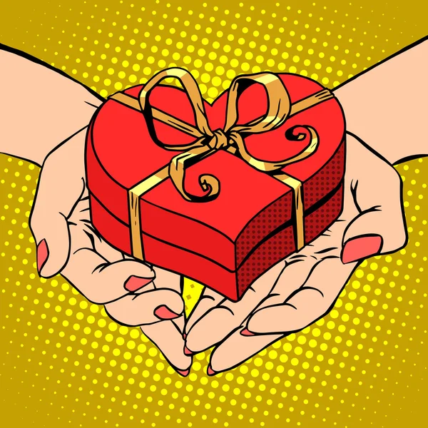 Женщина в форме ладони красный подарок сердце коробка День Святого Валентина — стоковый вектор