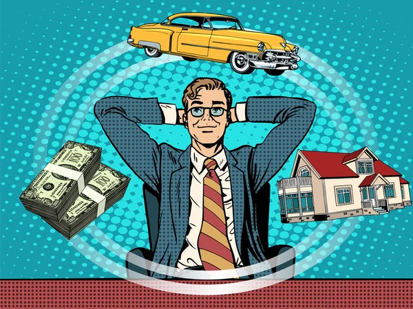 Homem sonho casa dinheiro carro —  Vetores de Stock