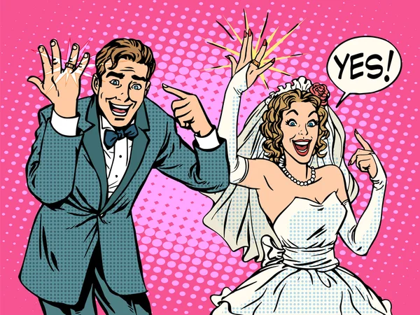 Gelukkige bruid en bruidegom met trouwringen — Stockvector