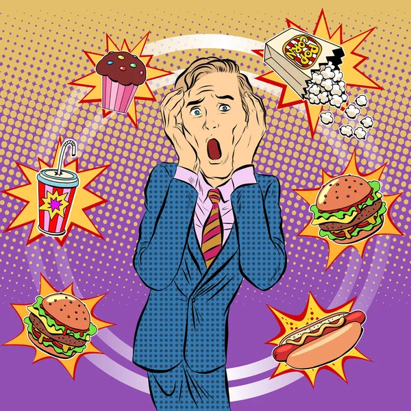 Rychlé občerstvení člověka nezdravé stravě panika — Stockový vektor