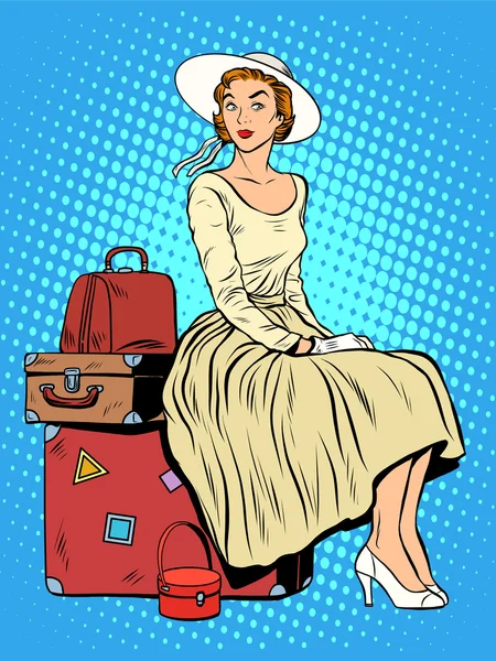Chica viajero equipaje viaje — Vector de stock