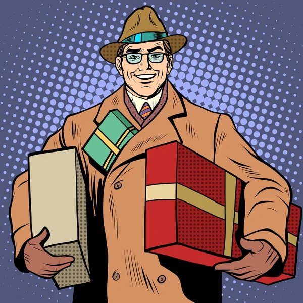 Joyeux homme avec des cadeaux salutations de vacances — Image vectorielle