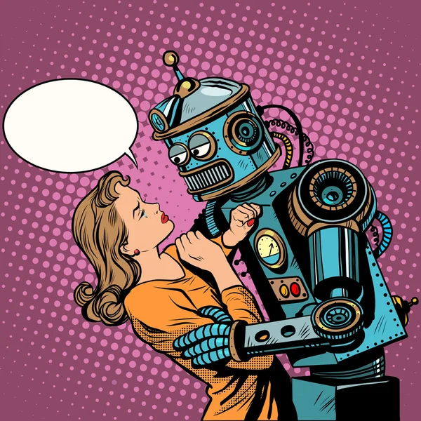Robot wanita mencintai teknologi komputer - Stok Vektor