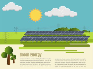 Kavram: güneş panelleri, ışık üretimi, yeşil enerji. Yeşil arkaplanda güneş panelleri, arka planda yüksek gerilim kuleleri. 