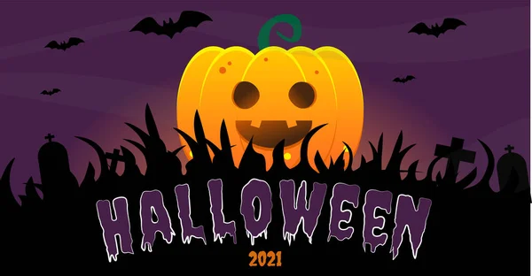 Halloween Banner Met Pompoen Donkere Achtergrond Vleermuizen — Stockvector