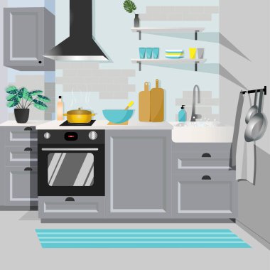 Gri renkli modern mutfak. Mutfak, gardırop, bulaşık. Düz bir şekilde vektör illüstrasyonu.