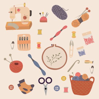 Düz hobi seti. Retro tekstil koleksiyonu. Renkli düz vektör çizimi. Vektör çizimi. Dikiş ve nakış seti
