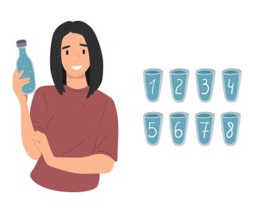 Su dengeleyici, her amaç için harika bir tasarım. Genç bir kız su şişesi tutuyor. Sağlık hizmeti kavramı. Beyaz arka plan. Sağlıklı yaşam tarzı.