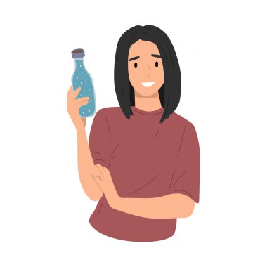 Genç kız bir su şişesi tutuyor. Su dengesi kavramı. Vektör el çizimi illüstrasyon.