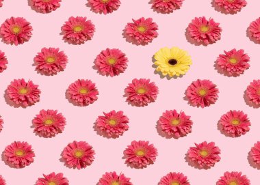 Yaratıcı desen kırmızı gerbera ve sarı papatya çiçeklerinden yapılmıştır..