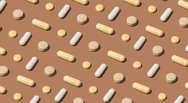 Modern pattern with colorful medical pills on bright brown background. Minimal pharmaceutical backdrop. Trendy earthy colors.