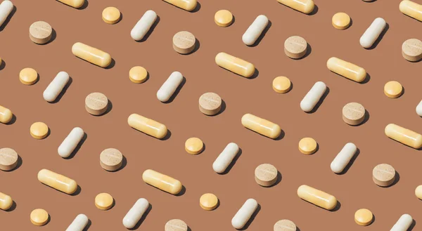 Modern Pattern Colorful Medical Pills Bright Brown Background Minimal Pharmaceutical — Stockfoto