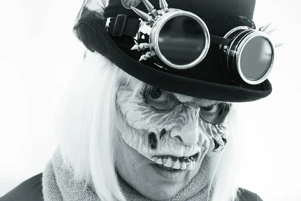 Femme Avec Visage Monstre Chapeau Noir Portant Des Lunettes Steampunk — Photo