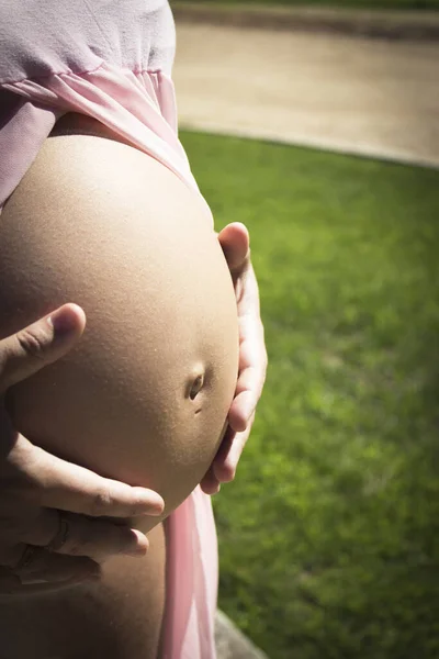 Mulher Grávida Sete Meses Rosa Vestido Transparente Segurando Barriga Fundo — Fotografia de Stock