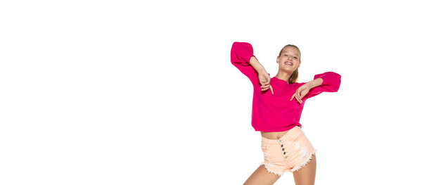 Cheerful female model in casual bright wear isolated on white background.