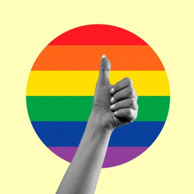 İşaretin kadın eli hareketi. LGBT bayrak arka planında iyi izole edilmiş..