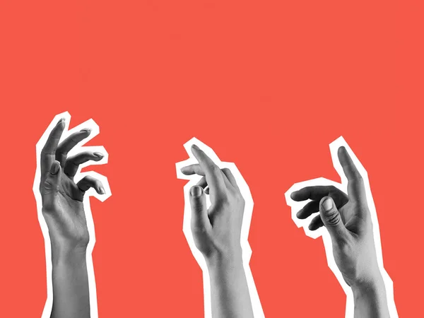 Три открытых руки, показывающие свою ладонь на красном фоне. Коллаж. — стоковое фото