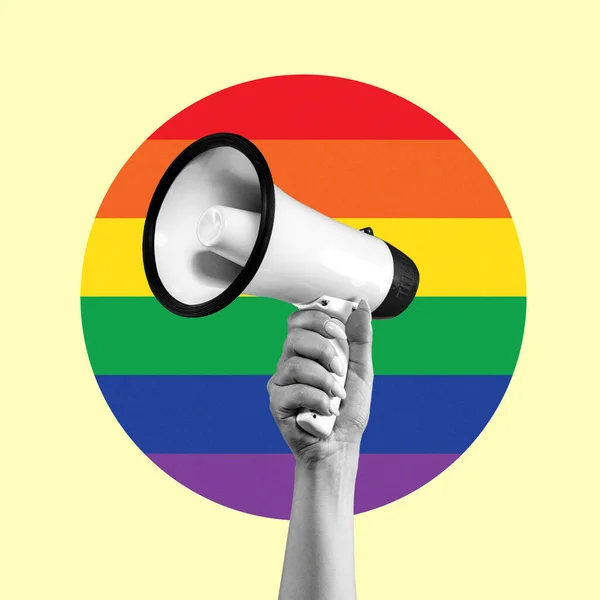 Art design. Female hand with megaphone isolated on LGBT flag background. — Stock Photo, Image