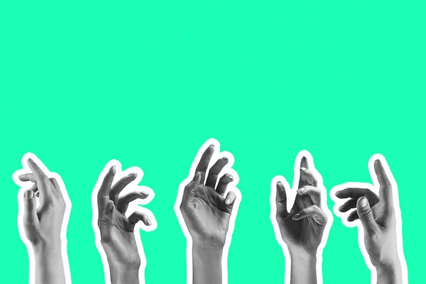 Art collage. Five open hands showing their palm isolated over green background.