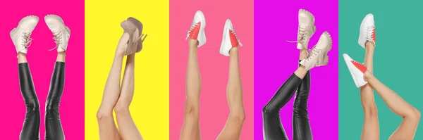 Primer plano piernas delgadas femeninas en diferentes zapatos aislados sobre un fondo colorido. —  Fotos de Stock