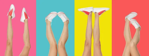 Close-up slim female legs in sports shoes isolated on vibrant colors background. — Stock Photo, Image