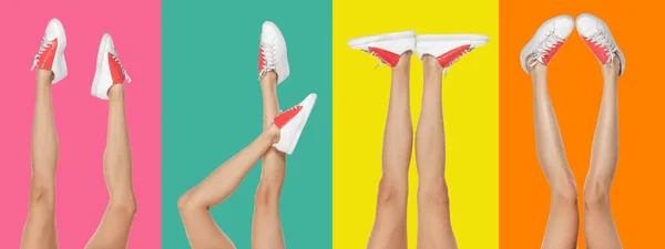 Close-up slim female legs in sports shoes isolated on vibrant colors background. — Stock Photo, Image
