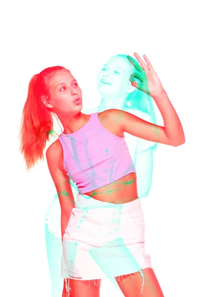 Multiple portrait of beautiful happy young girl with glitch duotone effect