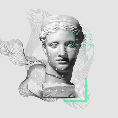 Antik heykel başlıklı çağdaş sanat kolajı gerçeküstü bir tarzda.