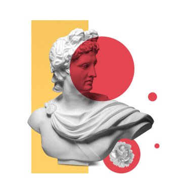 Antik heykeli olan modern kavramsal sanat posteri. Çağdaş sanatın kolajı.