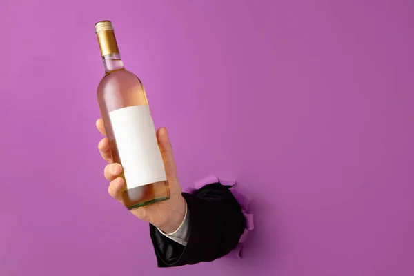 Mans mão segurando garrafa de vinho e rompendo fundo de papel roxo. — Fotografia de Stock