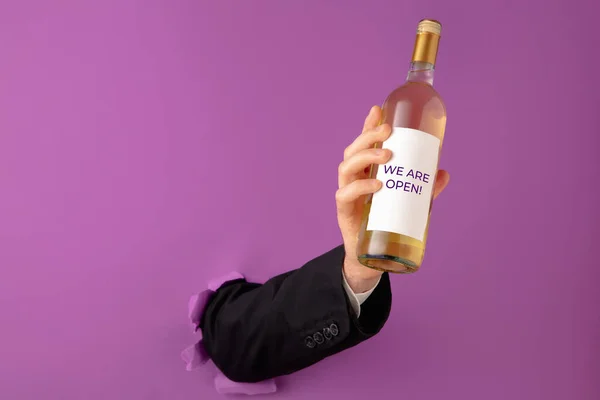 Masculino mão segurando garrafa de vinho witrh rótulo isolado no roxo fundo. — Fotografia de Stock