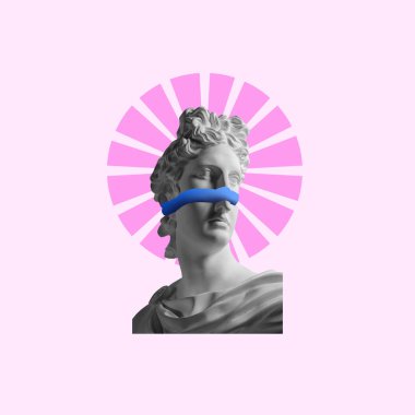 Antik heykeli olan modern kavramsal sanat posteri. Çağdaş sanatın kolajı.