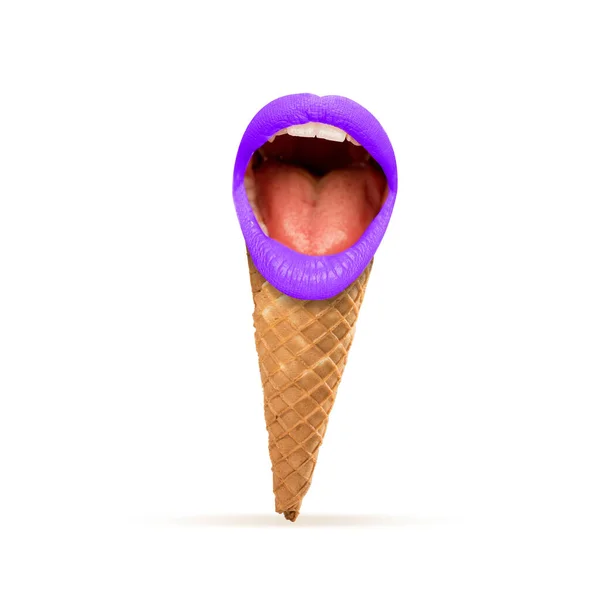 Open female mouth as ice cream topping. Contemporary art collage. — Stock Photo, Image