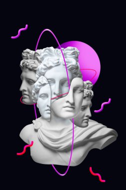 Antik heykeli olan modern kavramsal sanat posteri. Çağdaş sanatın kolajı.