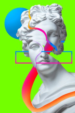 Antik heykeli olan modern kavramsal sanat posteri. Çağdaş sanatın kolajı.
