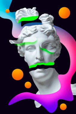 Antik heykeli olan modern kavramsal sanat posteri. Çağdaş sanatın kolajı.