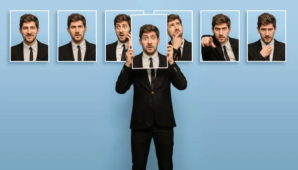 Young man showing portraits with different emotions isolated on pink background.