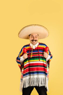 Sarı arka planda izole edilmiş sombrero ve parlak pançolu bir adamın portresi.