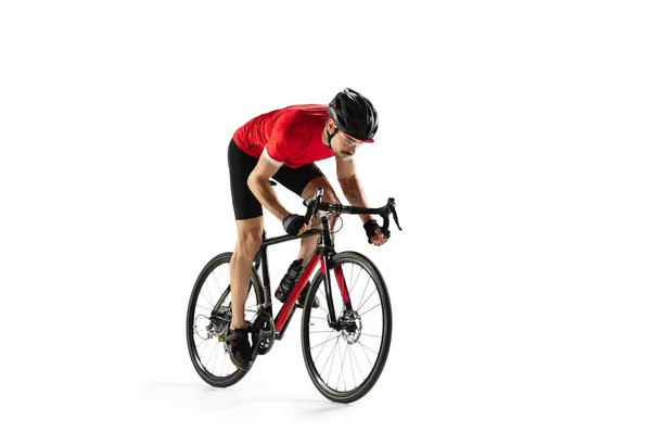 Ciclista masculino profesional en bicicleta de carretera aislado sobre fondo blanco. — Foto de Stock