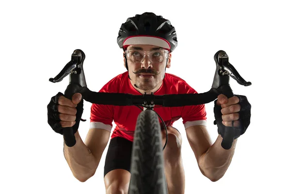 Nahaufnahme männlicher Radprofi auf Rennrad isoliert auf weißem Hintergrund. — Stockfoto
