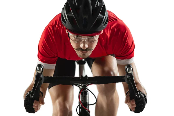 Nahaufnahme männlicher Radprofi auf Rennrad isoliert auf weißem Hintergrund. — Stockfoto