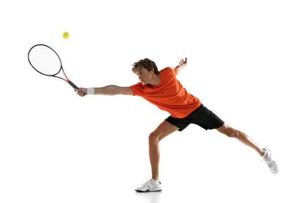 Young Caucasian man, tennis player posing isolated on white background. — Stock Photo, Image