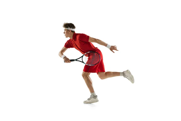 Portarit fehér férfi, profi teniszező elszigetelt fehér háttér. — Stock Fotó