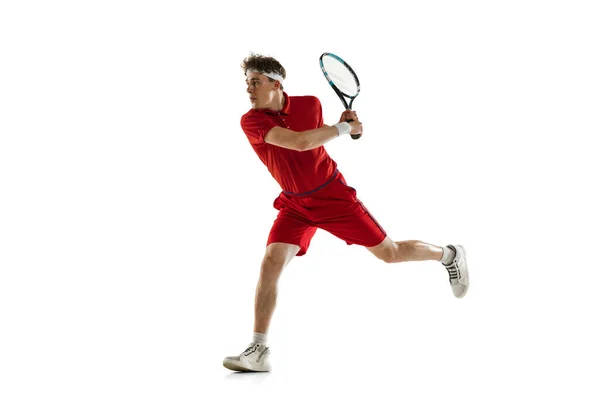 Portarit of Caucasian man, professional tennis player isolated on white background. — Stock Photo, Image