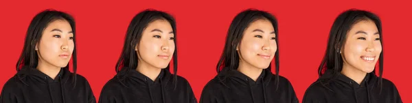 Sviluppo delle emozioni della giovane ragazza asiatica isolata su sfondo rosso. — Foto Stock