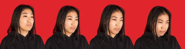 Development of emotions of young Asian girl isolated on red background. — Stock Photo, Image