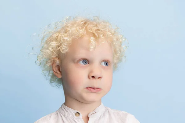 Gros plan mignon petit garçon préscolaire posant isolé sur fond bleu studio. — Photo