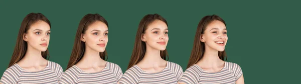 Entwicklung von Emotionen von jungen schönen Mädchen isoliert auf grünem Hintergrund. — Stockfoto